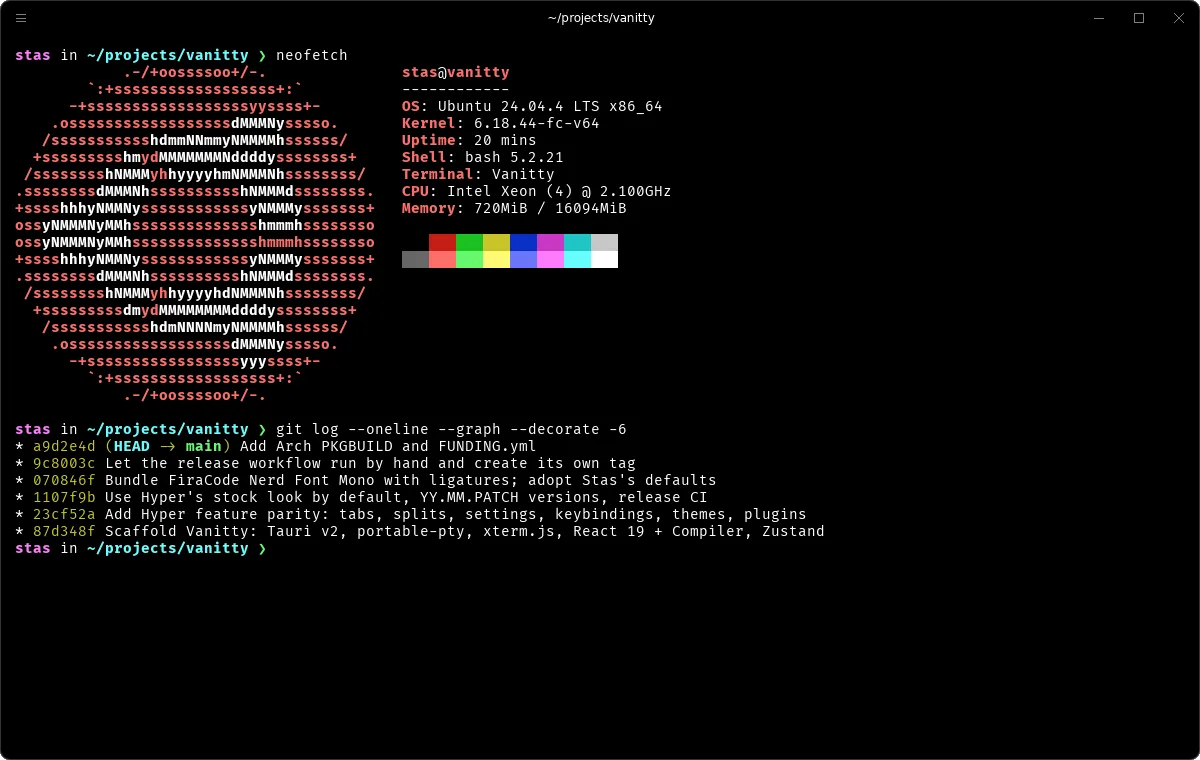 Vanitty running neofetch and git log